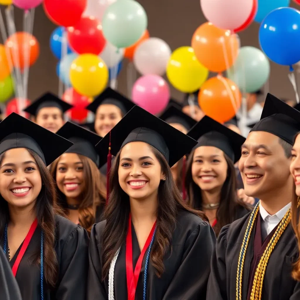 Graduation ceremony featuring proud students in caps and gowns.