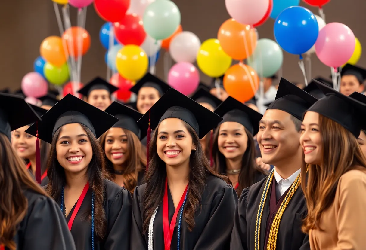 Graduation ceremony featuring proud students in caps and gowns.