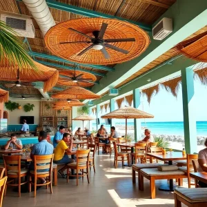 Interior of La Ola Coastal Mexican Restaurant with vibrant colors and beachy decor
