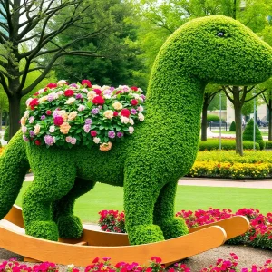 Jeff Koons' Split-Rocker sculpture at LACMA surrounded by colorful flowers