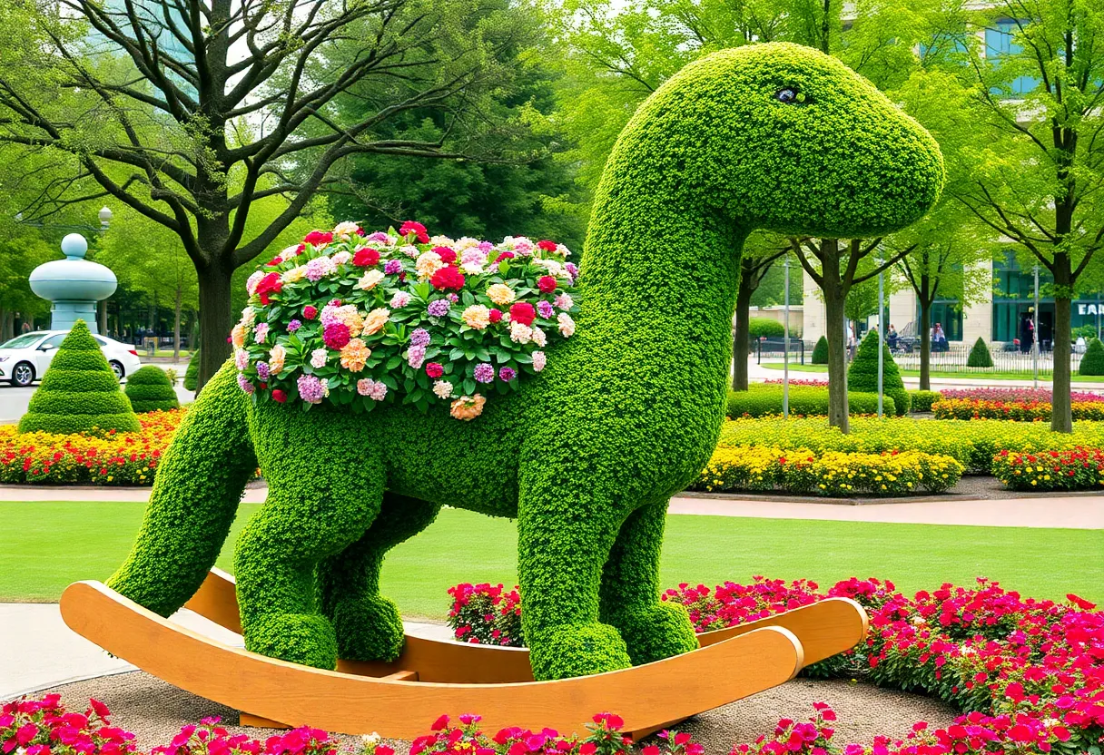 Jeff Koons' Split-Rocker sculpture at LACMA surrounded by colorful flowers