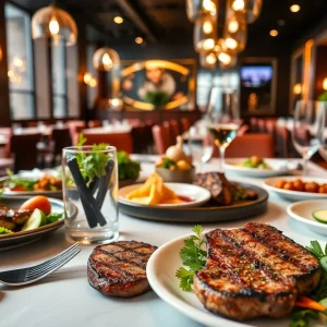 Elegant dining setup at Matū Steakhouse with steak and fresh salad