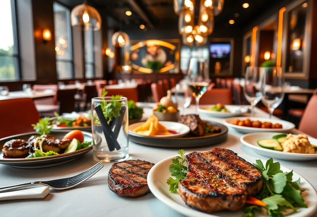 Elegant dining setup at Matū Steakhouse with steak and fresh salad