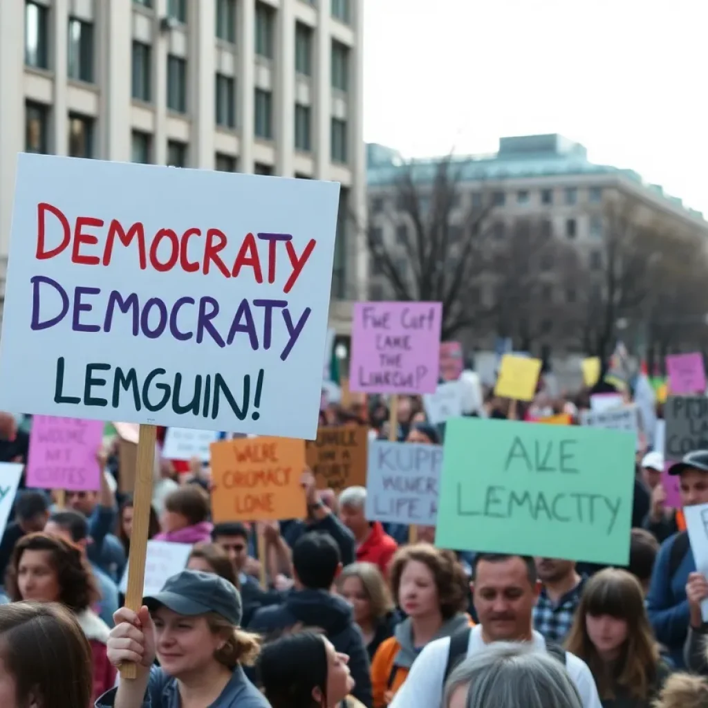Peaceful protest with diverse groups advocating for democratic values in Los Angeles