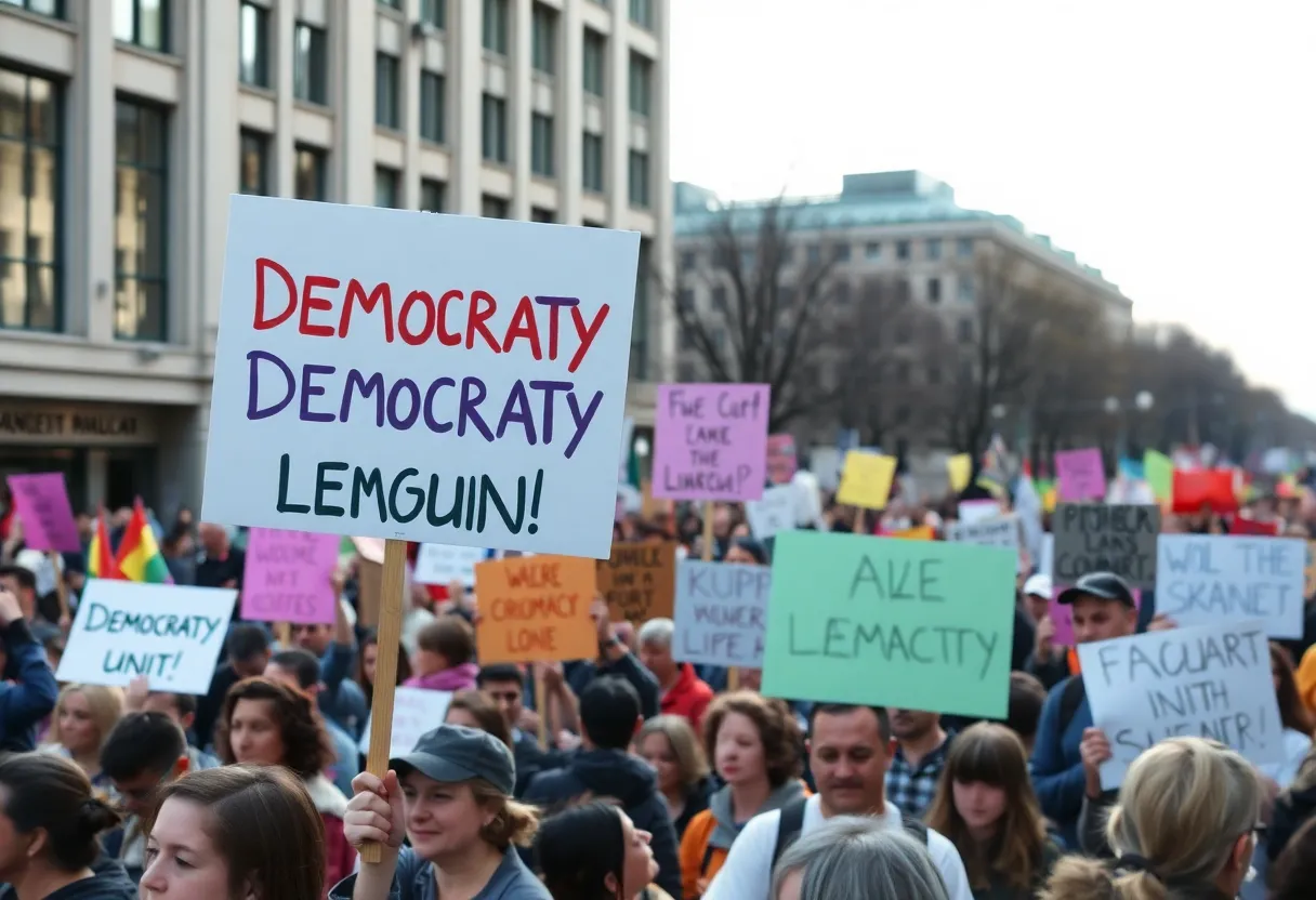Peaceful protest with diverse groups advocating for democratic values in Los Angeles
