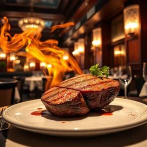 Elegant dining experience at Nusr-Et steakhouse with high-end steak dishes.