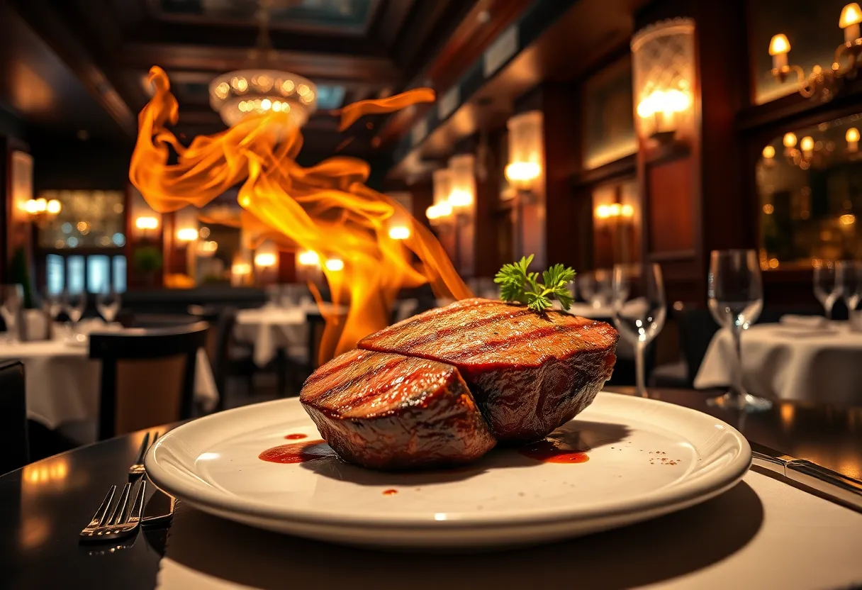 Elegant dining experience at Nusr-Et steakhouse with high-end steak dishes.