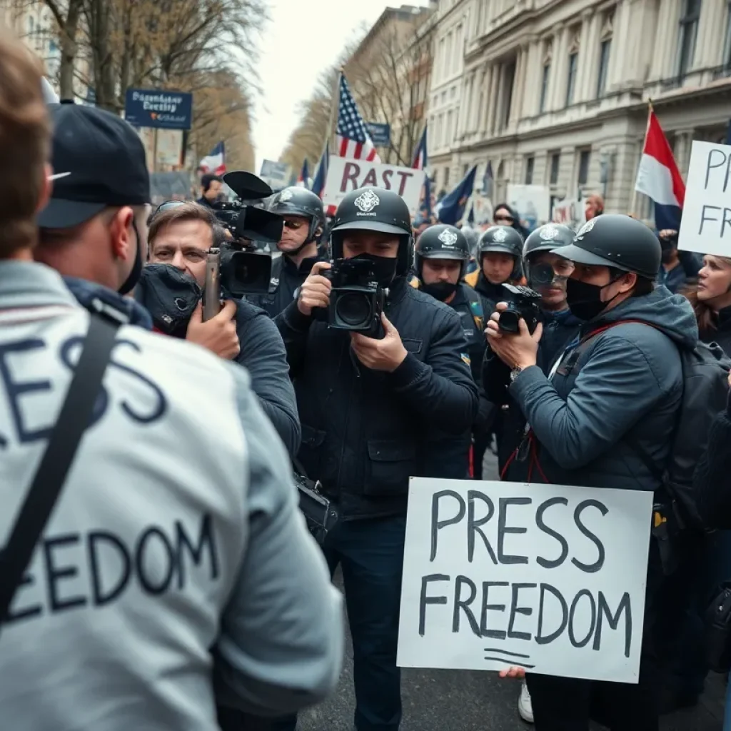 Journalists covering a protest scene in Los Angeles