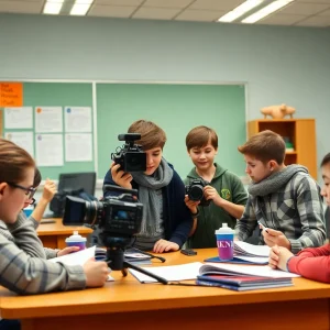 Students participating in journalism activities in a high school classroom