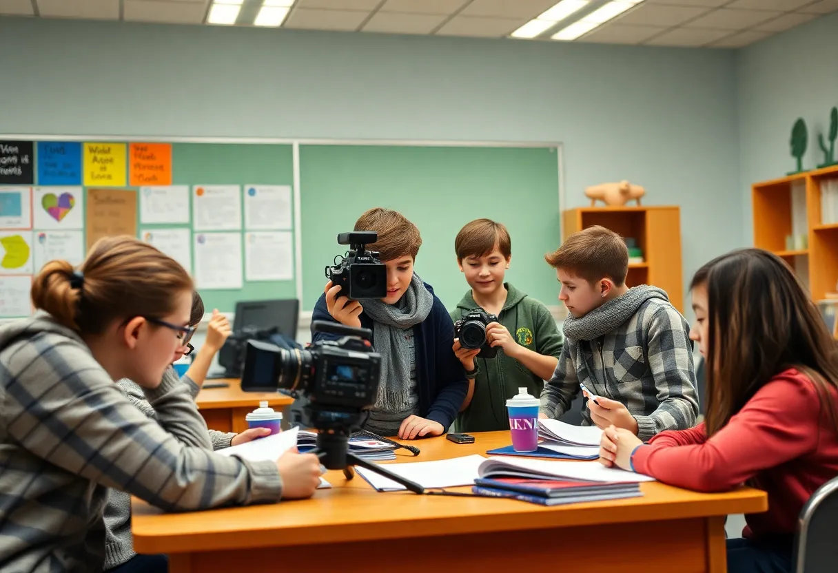 Students participating in journalism activities in a high school classroom