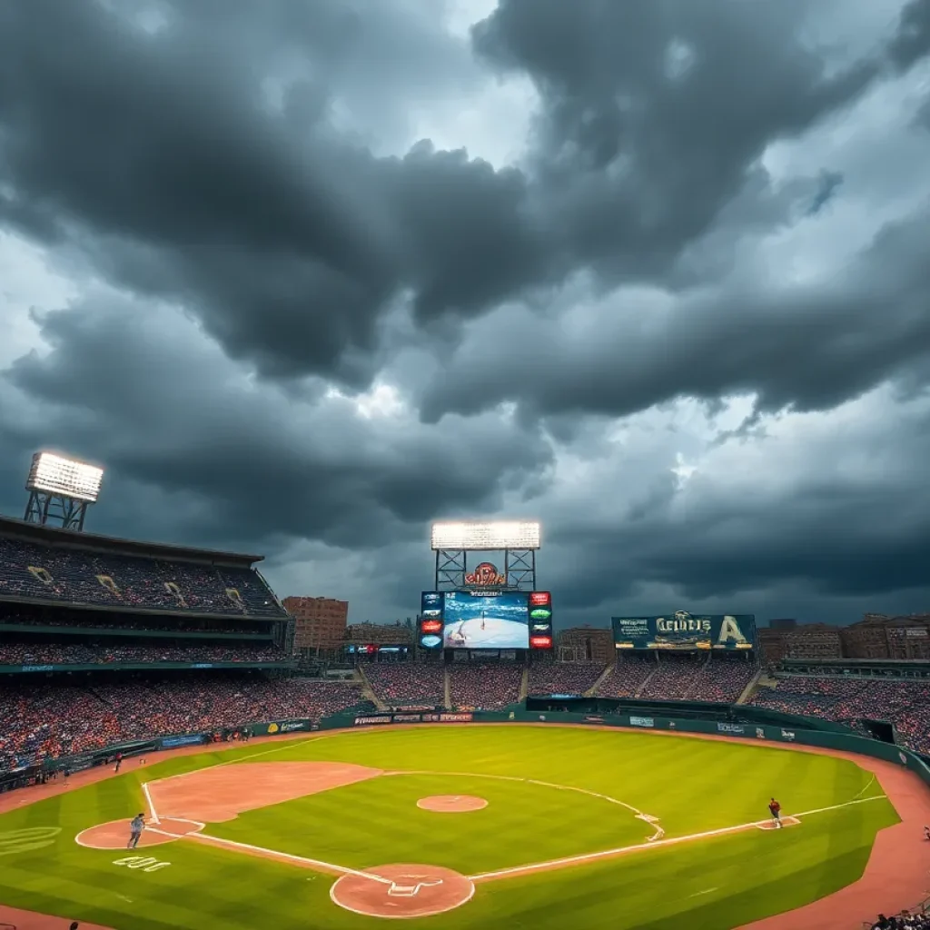A baseball stadium under stormy skies during the College World Series suspension.