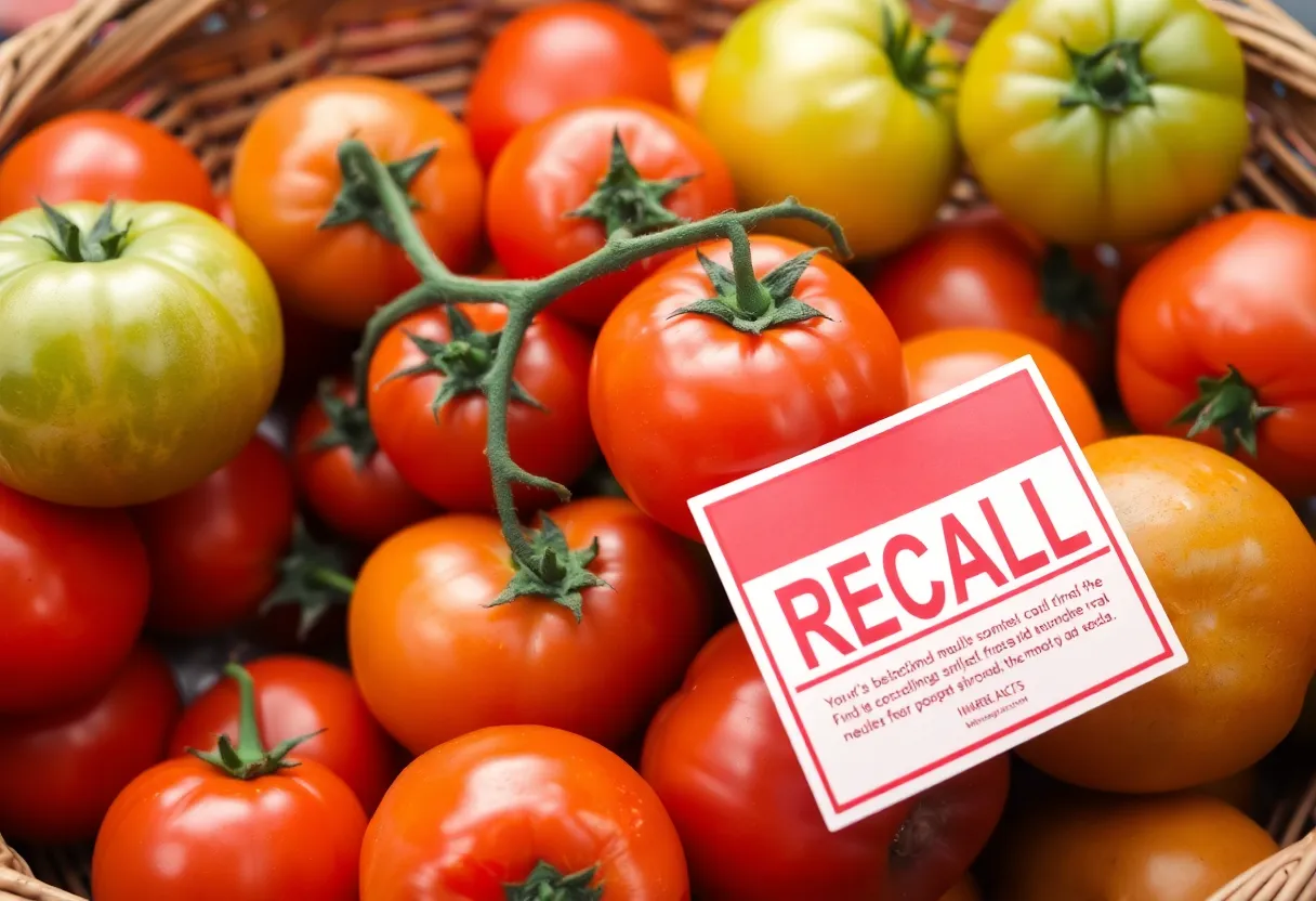 Fresh tomatoes with a recall warning label.