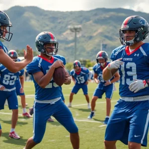 UCLA football players practicing on the field in Hawaii