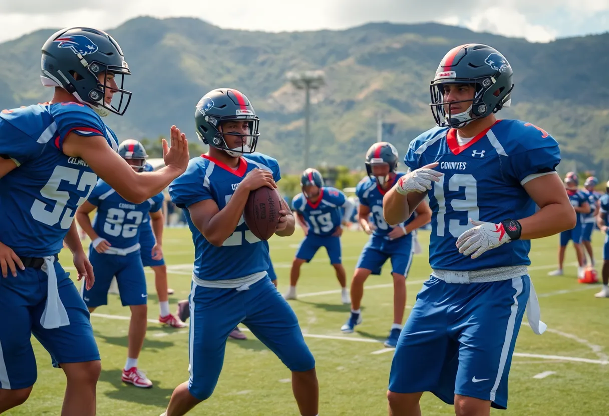 UCLA football players practicing on the field in Hawaii