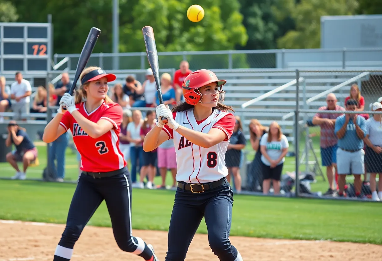 Dynamic action shot of UCLA Bruins softball game.