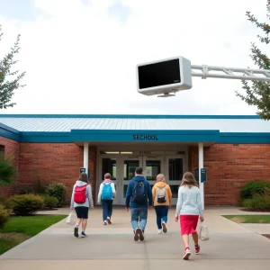 Students walking through a school with weapons detection technology.