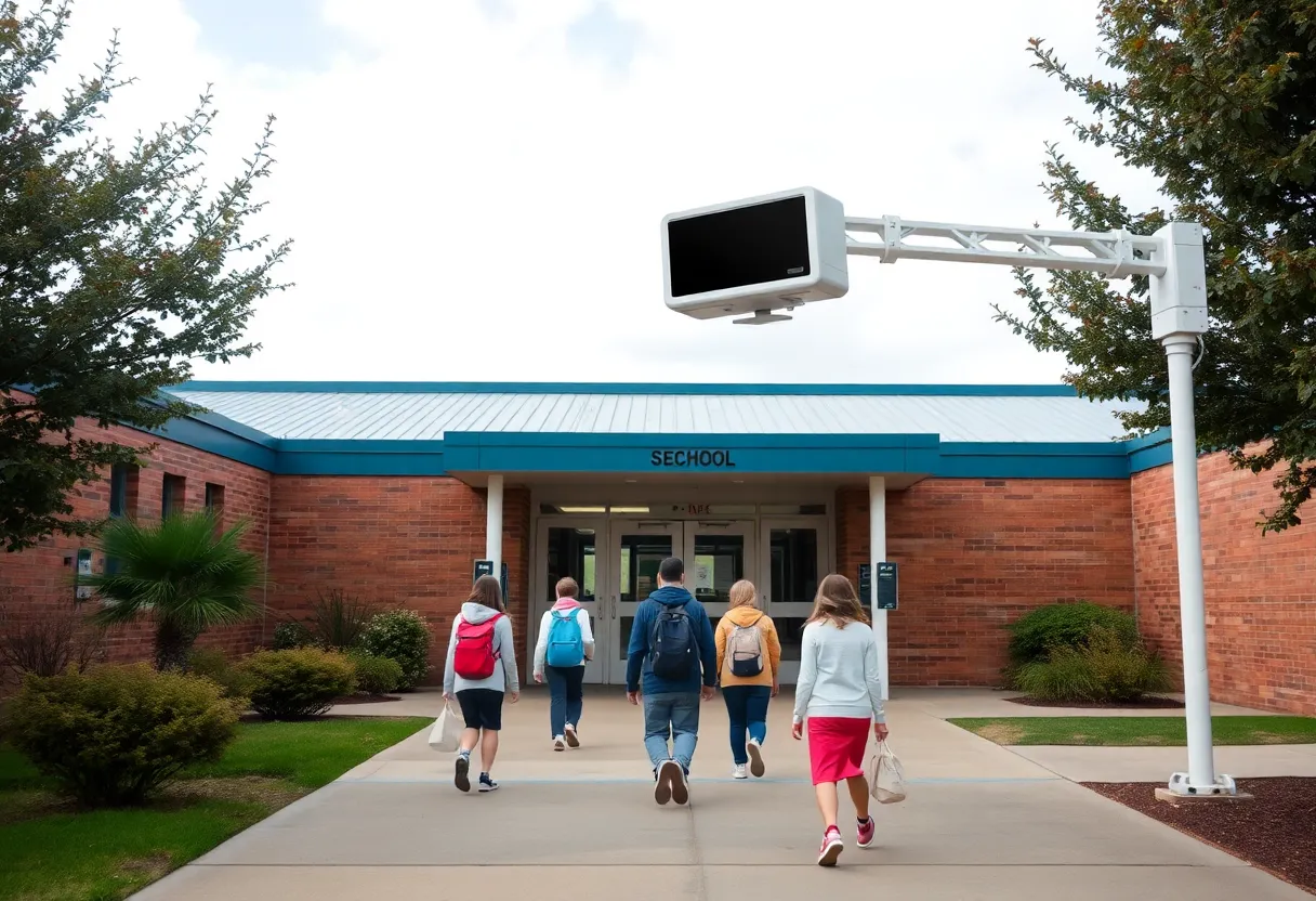 Students walking through a school with weapons detection technology.
