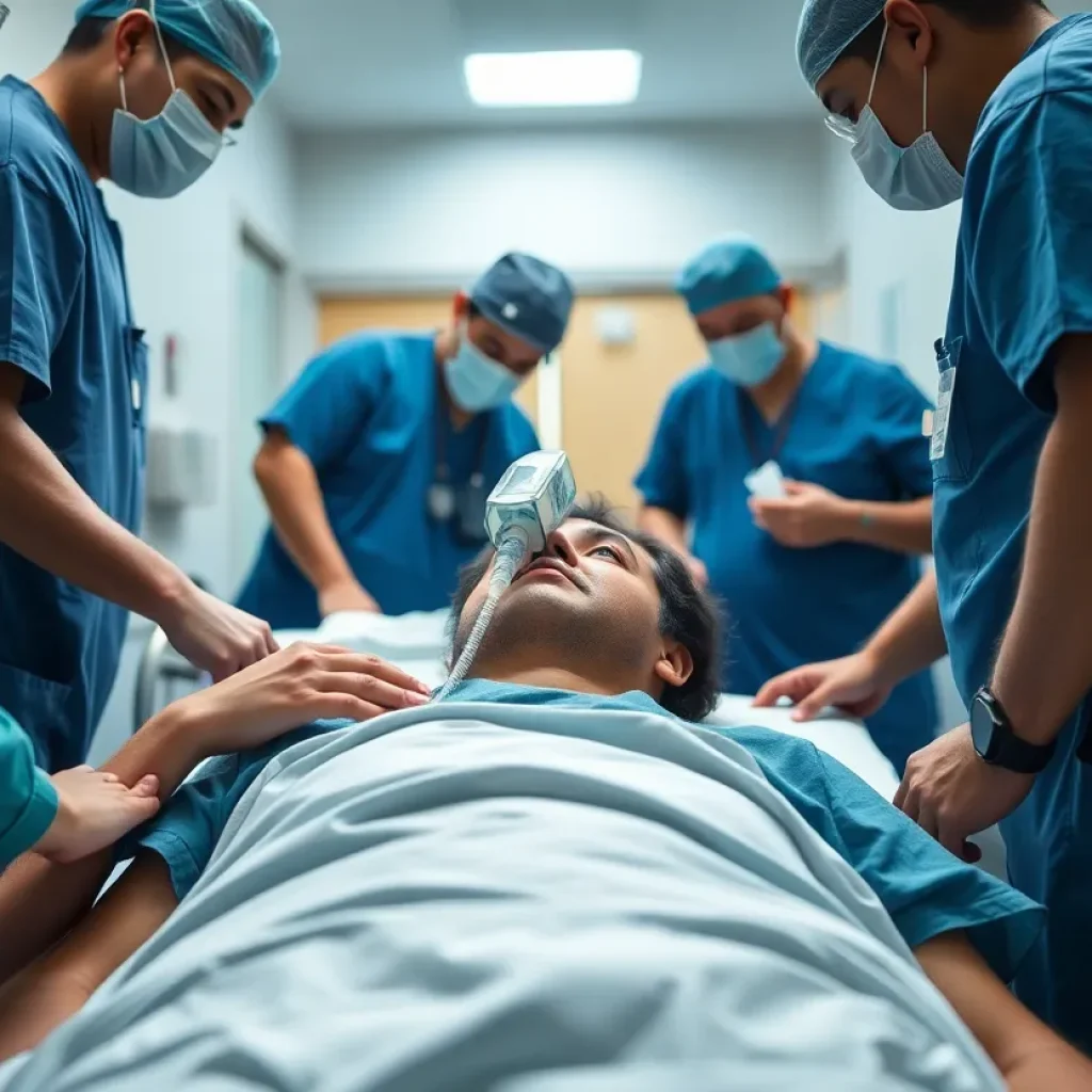 Medical staff attending to an unconscious man in a hospital