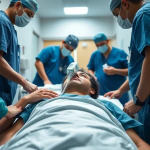 Medical staff attending to an unconscious man in a hospital