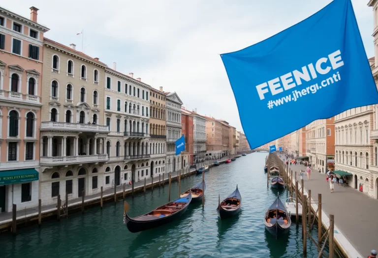 Canals of Venice with protest banners in the background.
