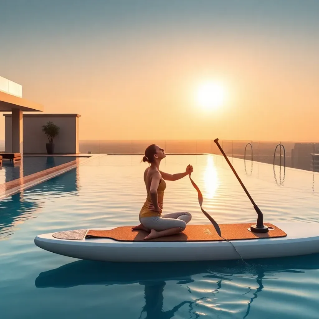 Participants doing paddleboard yoga on a hotel rooftop pool