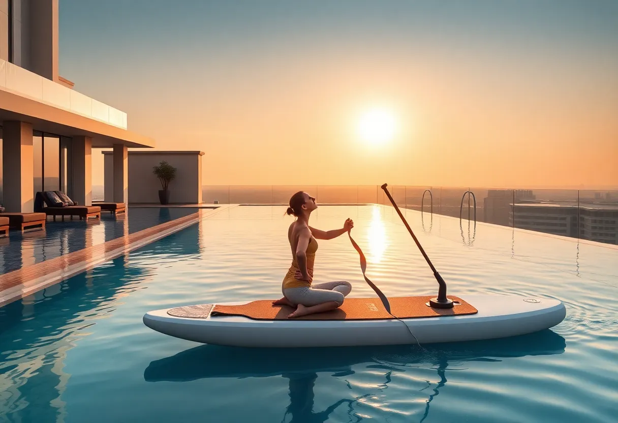 Participants doing paddleboard yoga on a hotel rooftop pool