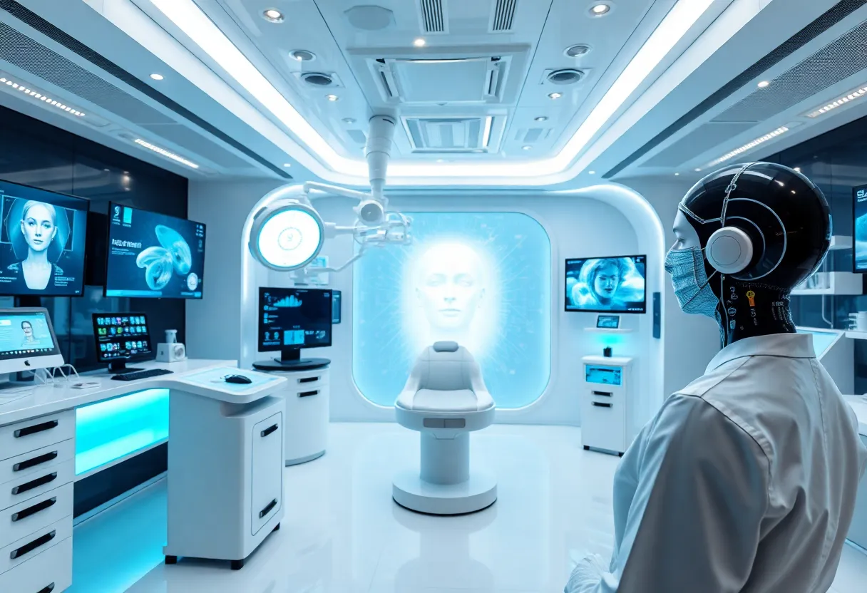 A modern cosmetic surgery clinic showcasing AI technology and advanced procedures.