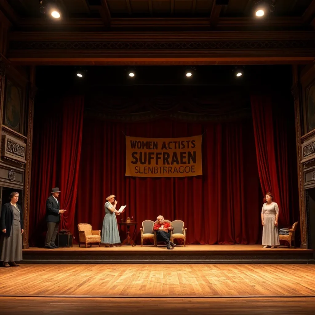 A theatrical stage representing women's suffrage activism.