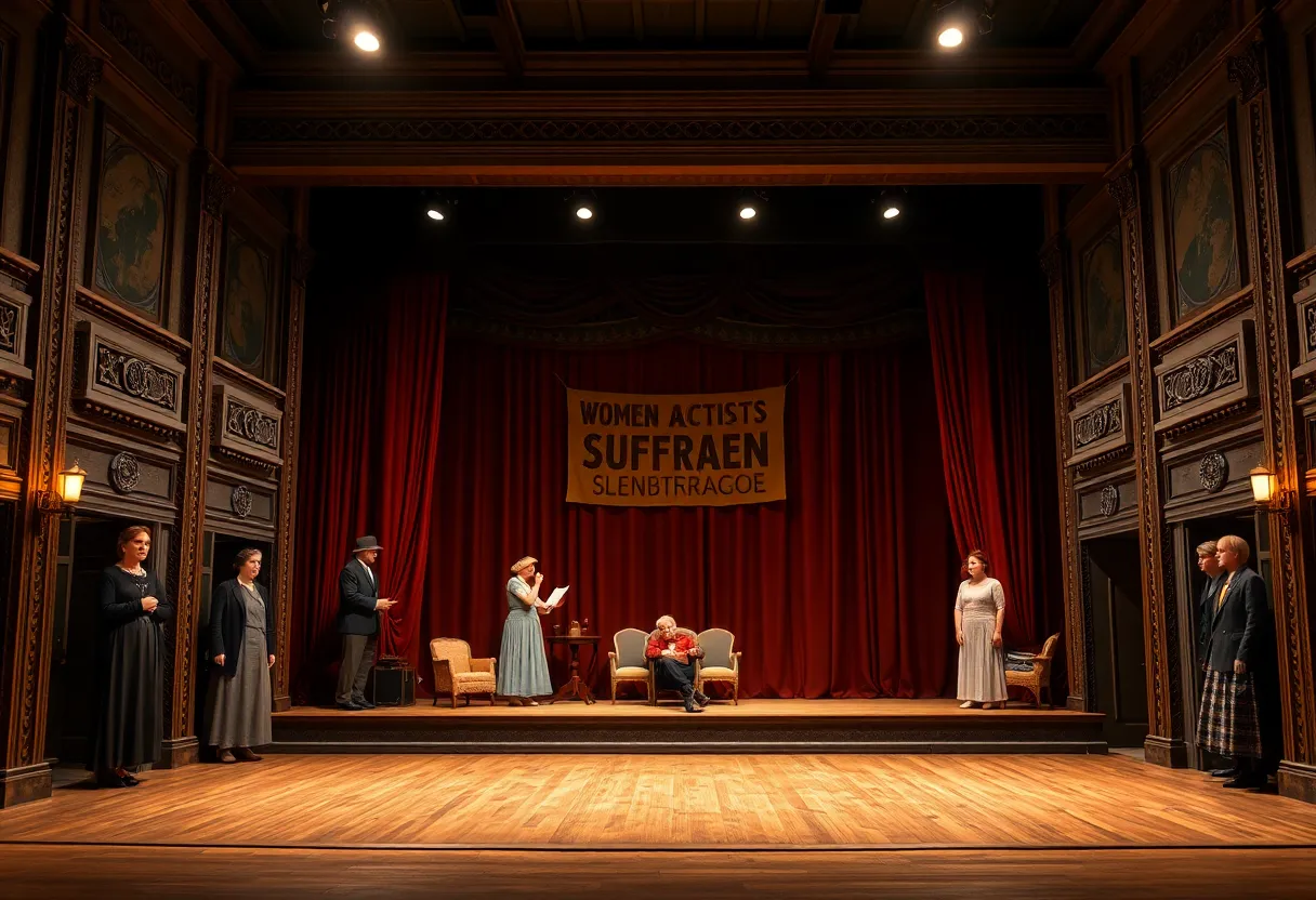 A theatrical stage representing women's suffrage activism.