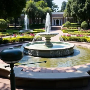 View of Beverly Canon Gardens with fountain and light fixtures