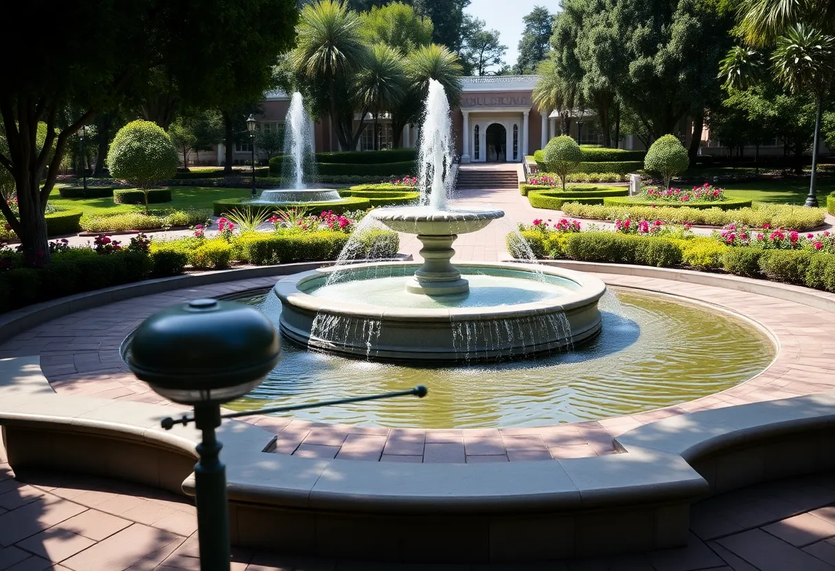 View of Beverly Canon Gardens with fountain and light fixtures