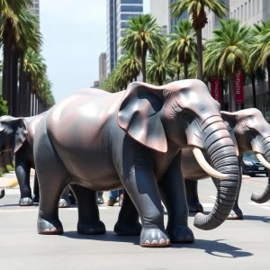 Life-size elephant sculptures displayed on Santa Monica Boulevard.