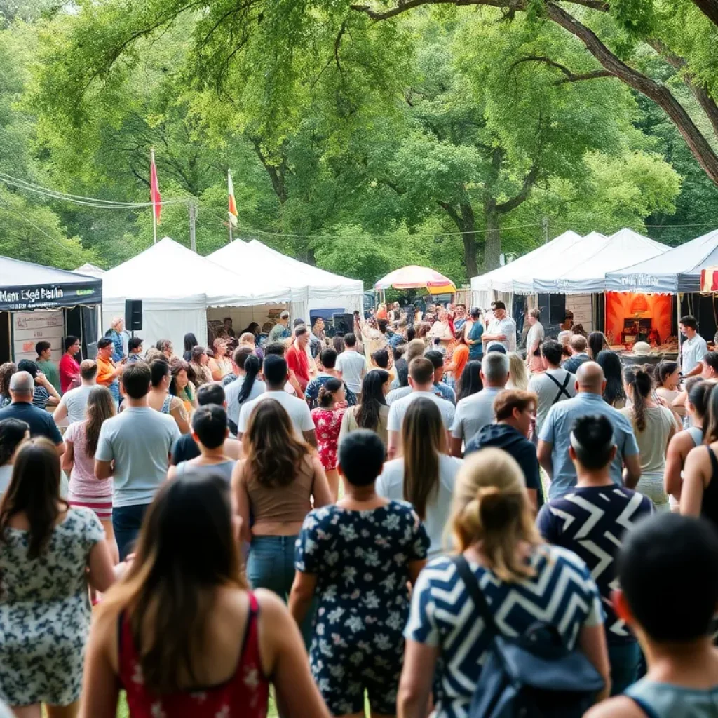 A diverse gathering of festival attendees enjoying music and food at the Beverly Hills Festival.