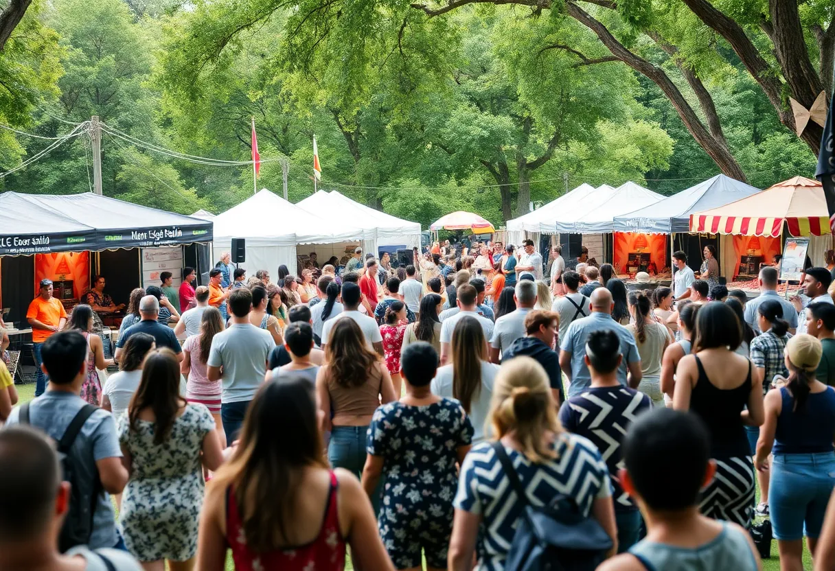 A diverse gathering of festival attendees enjoying music and food at the Beverly Hills Festival.