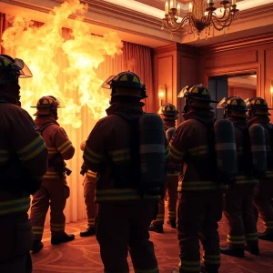 Firefighters conducting drills at The Beverly Hilton hotel