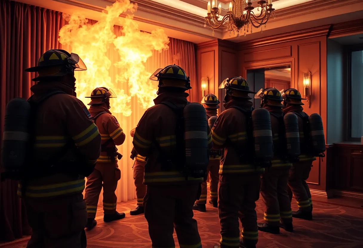 Firefighters conducting drills at The Beverly Hilton hotel