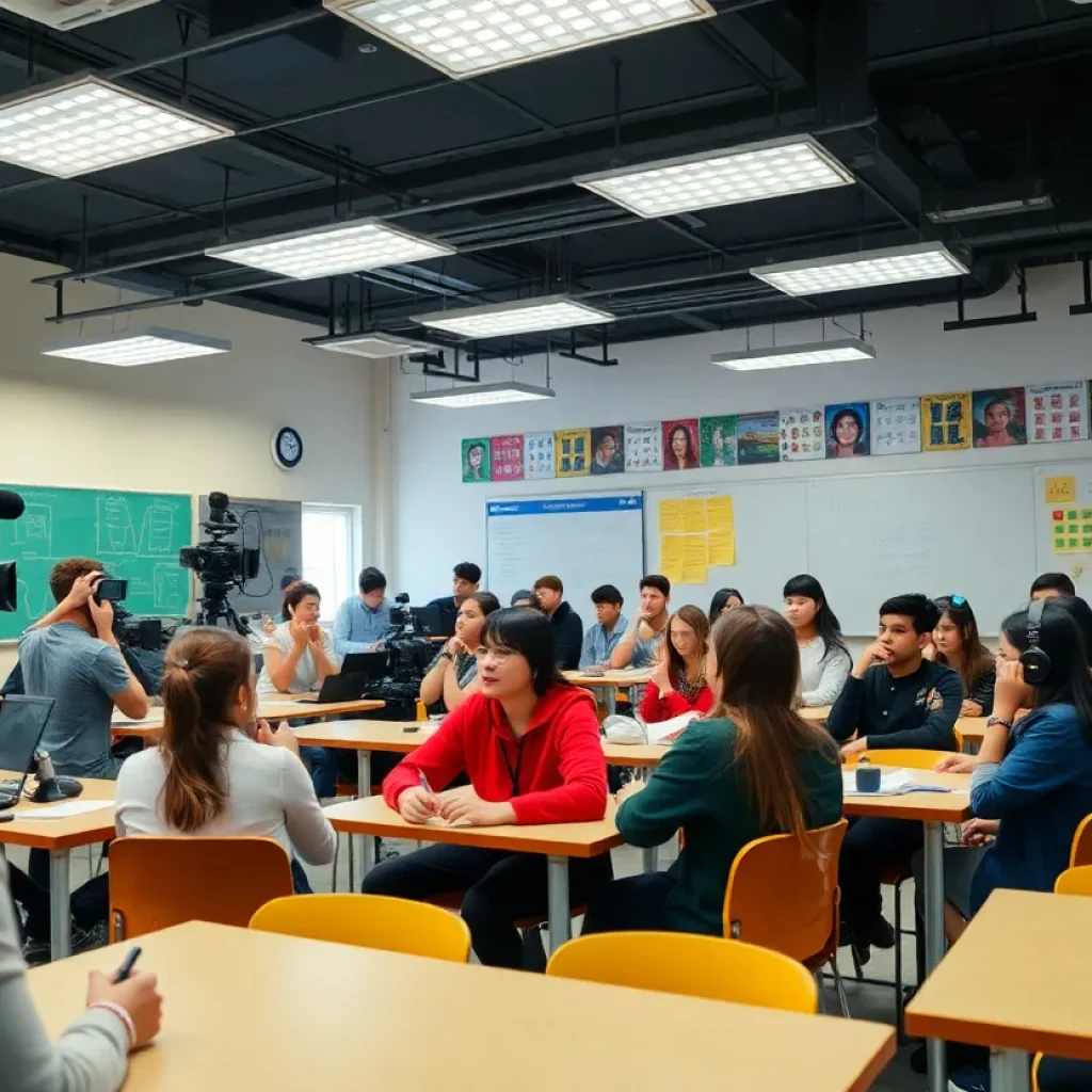 Students engaged in a journalism workshop at Beverly Hills High School