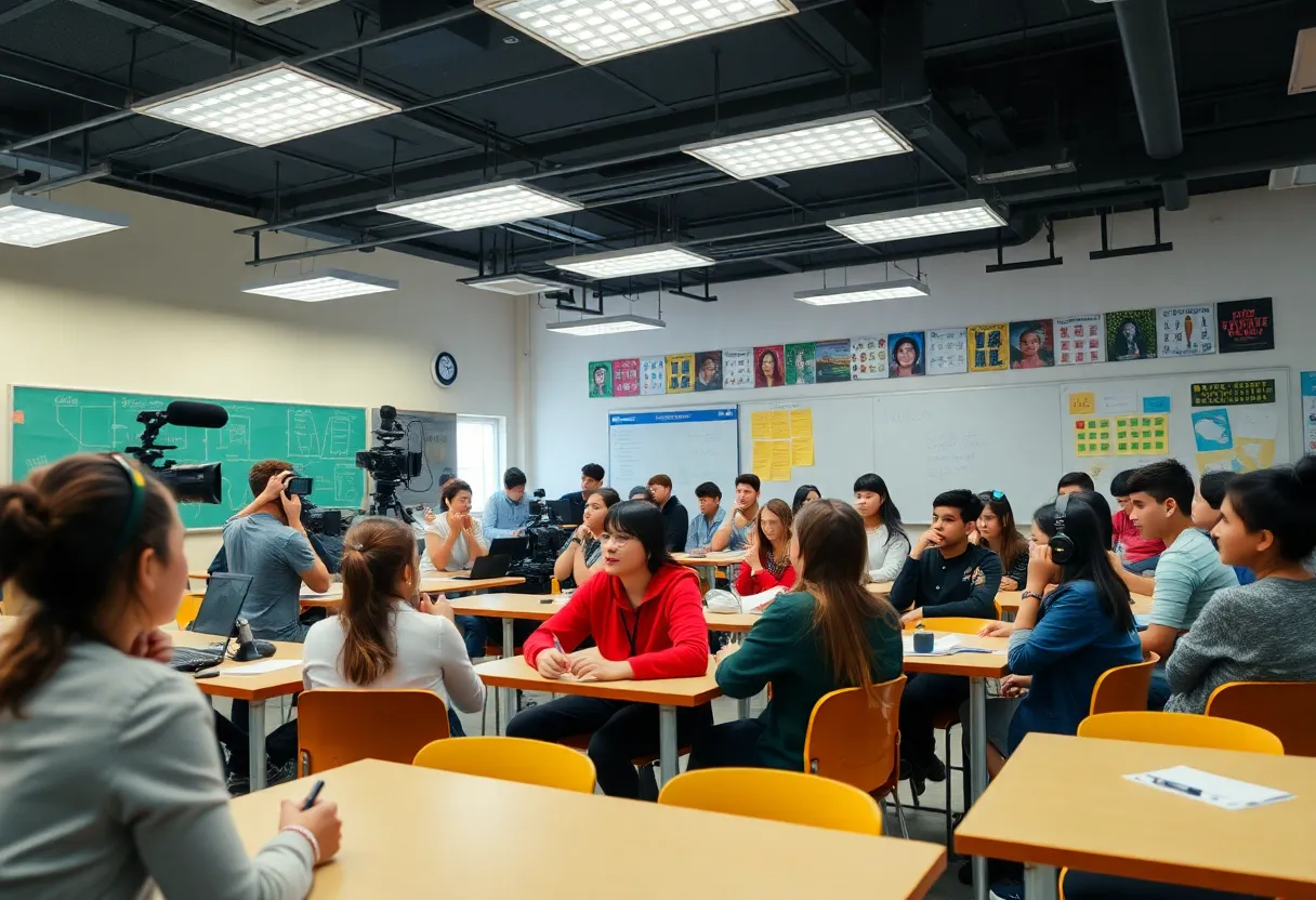 Students engaged in a journalism workshop at Beverly Hills High School
