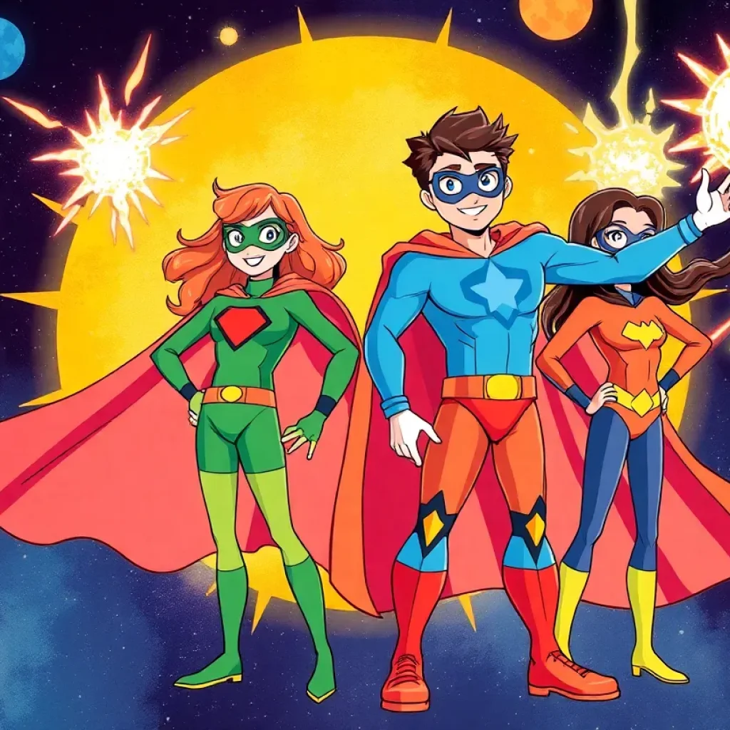 Four friends as superheroes with special powers at Comic-Con