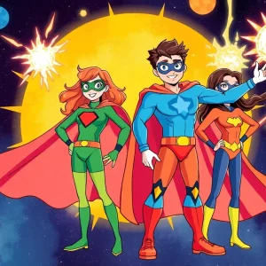 Four friends as superheroes with special powers at Comic-Con