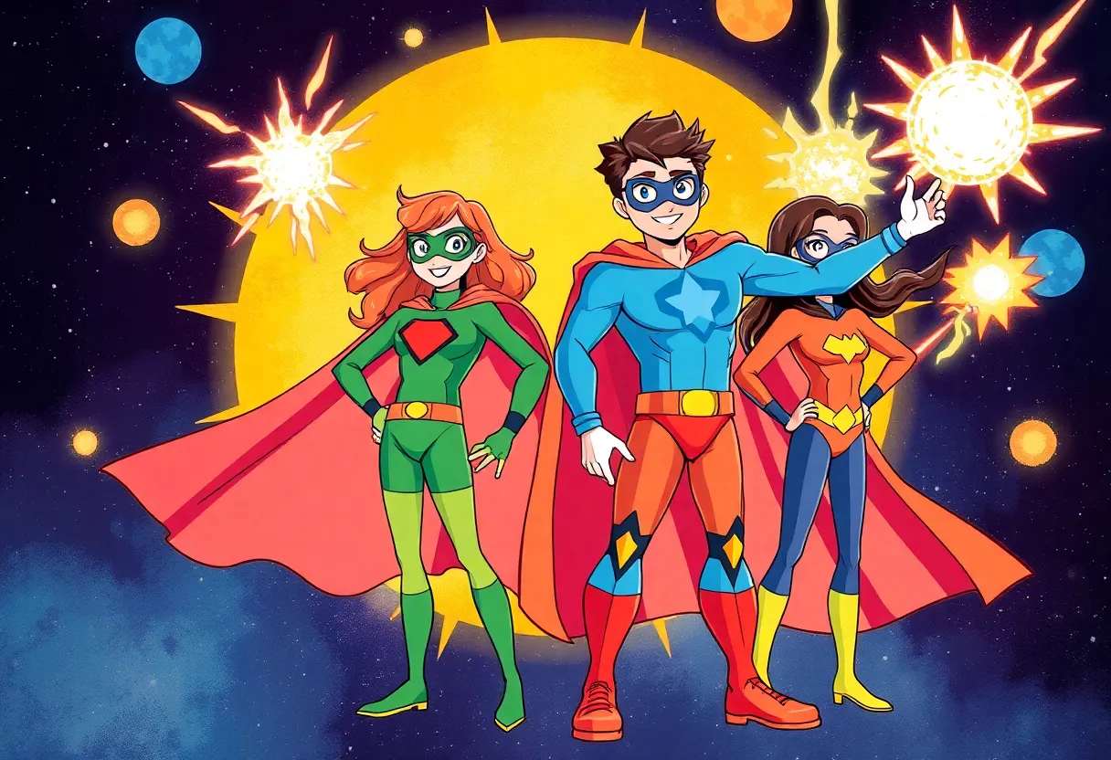 Four friends as superheroes with special powers at Comic-Con
