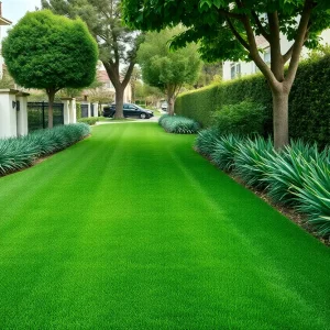 Residential area in Beverly Hills with synthetic turf and natural grass