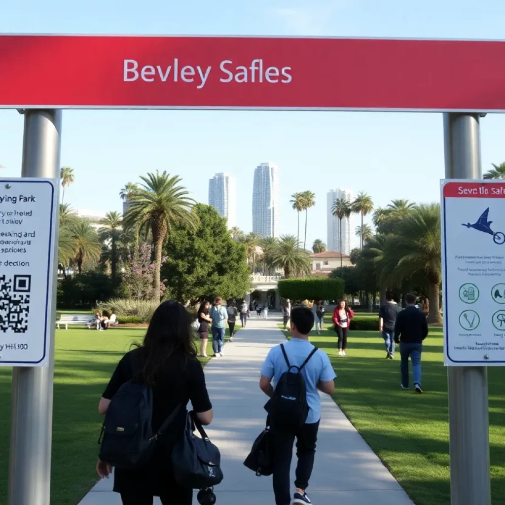 Safety signage in Beverly Hills park with QR codes and icons