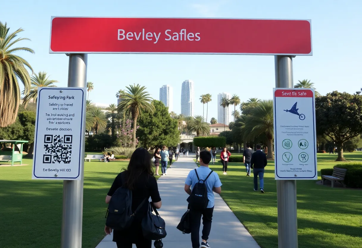 Safety signage in Beverly Hills park with QR codes and icons