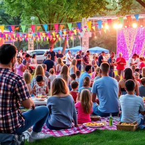 Outdoor concert at Beverly Canon Gardens with families enjoying music