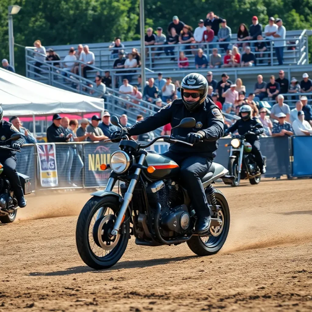 Police officers competing in a motorcycle rodeo event with impressive maneuvers.