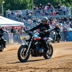 Police officers competing in a motorcycle rodeo event with impressive maneuvers.