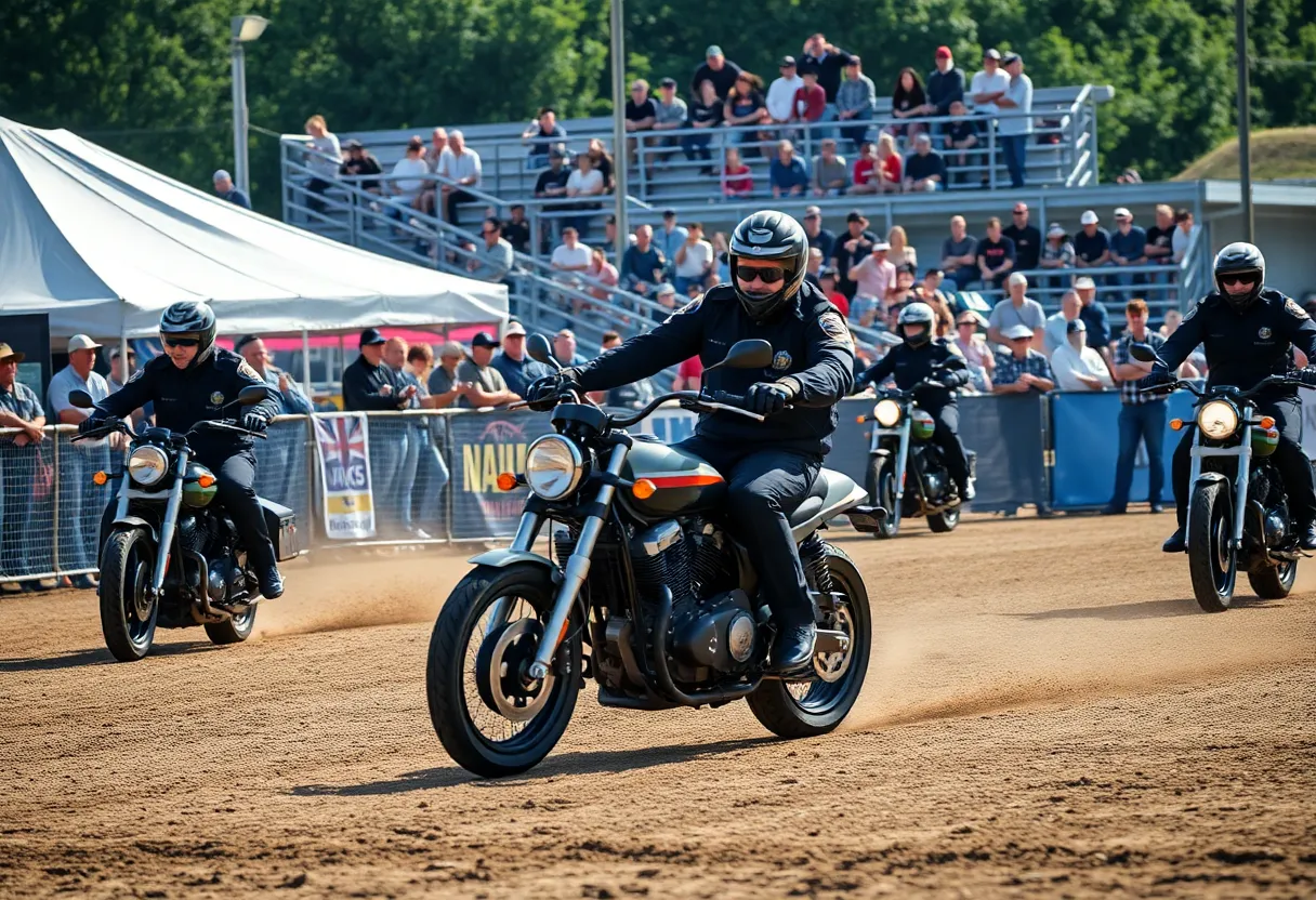Police officers competing in a motorcycle rodeo event with impressive maneuvers.