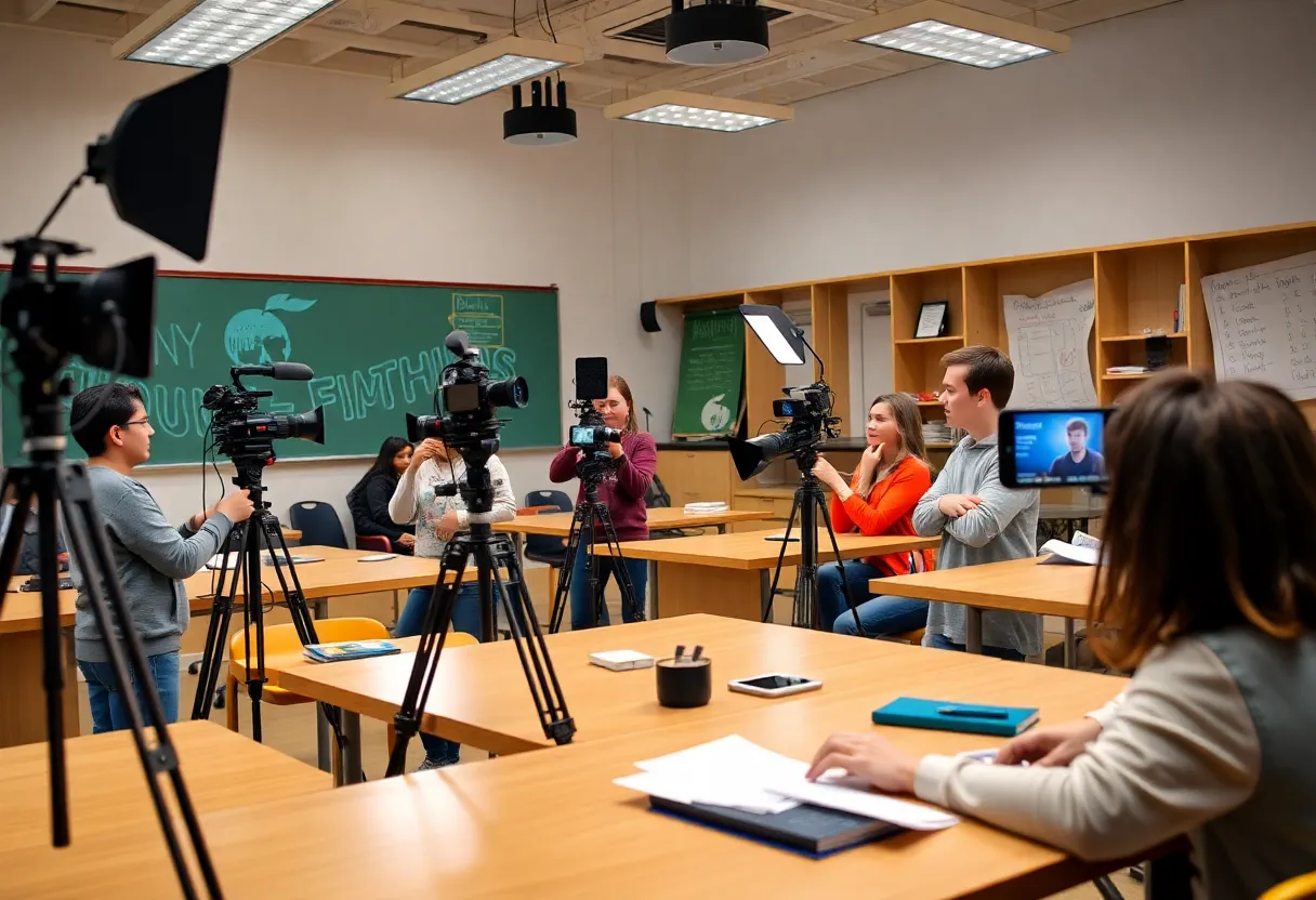 Students participating in a Broadcast Production class in Beverly Hills