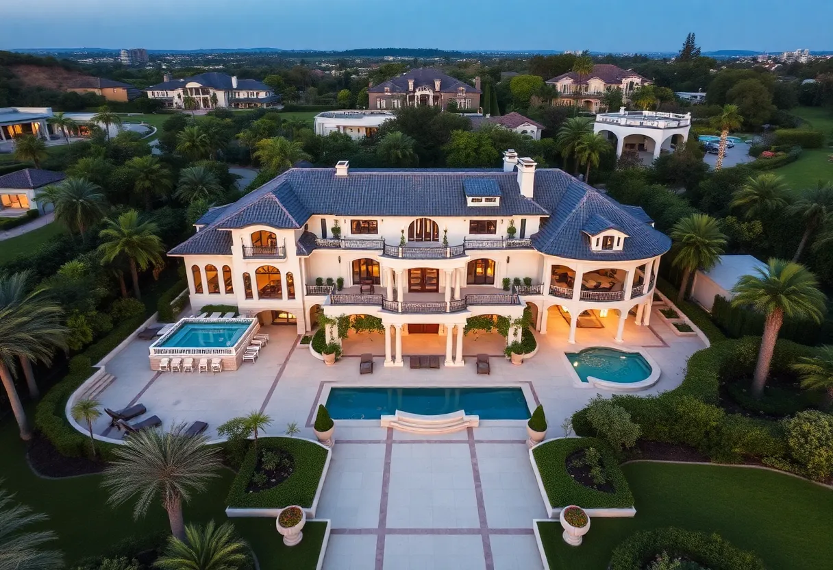 Exterior view of a luxurious mansion in Beverly Hills